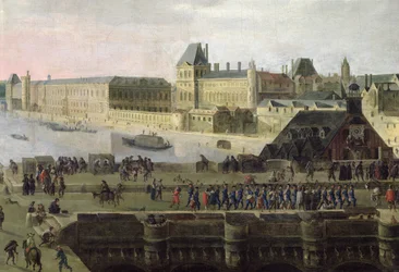 Uitzicht op de Pont-Neuf en de rivier de Seine stroomafwaarts, detail van de brug en het Louvre, c.1633 (detail)